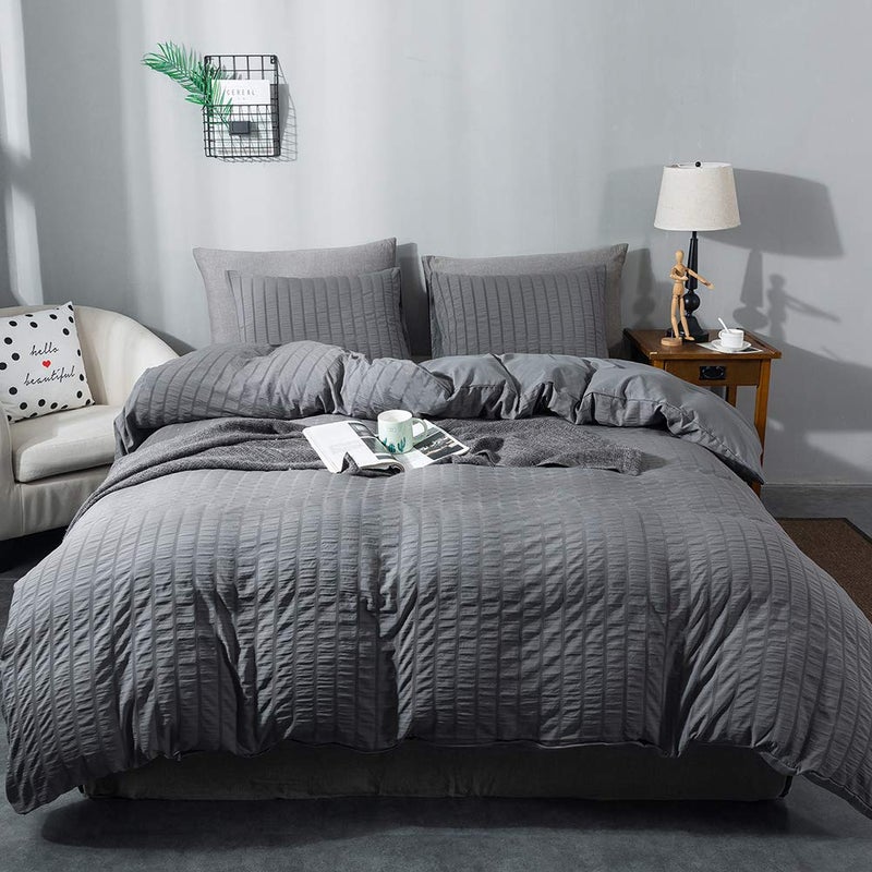 AveLom Seersucker Duvet Cover Set Full Size (80 x 90 inches), 3 Pieces (1 Duvet Cover + 2 Pillow Cases), Dark Gray Ultra Soft Washed Microfiber, Textured Duvet Cover with Zipper Closure, Corner Ties - Image 1